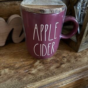 Apple Cider Rae Dunn Ceramic Mug with Wooden Lid - Deep Burgundy- NWT